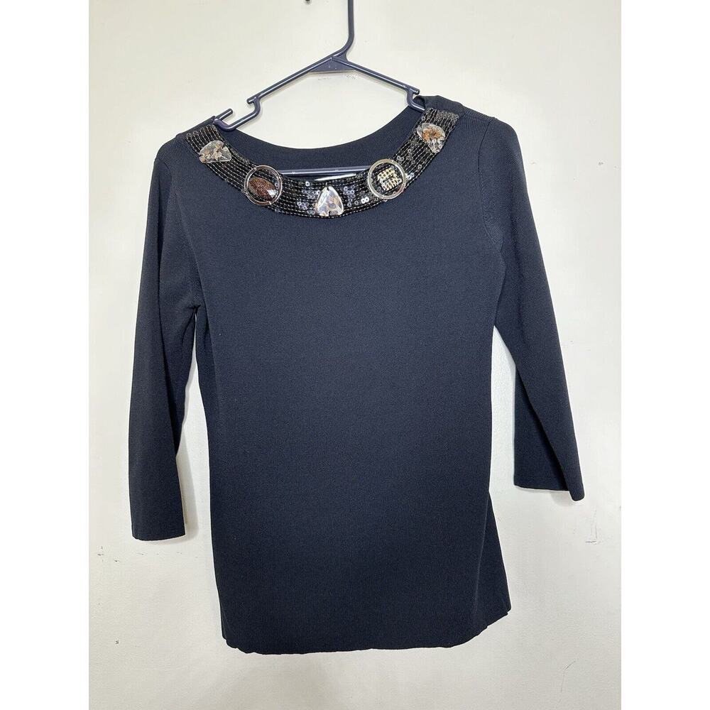 Joseph A. Black Tight Knit Sequin Bead Neck 3/4 Sleeve Top Size Large Fitted